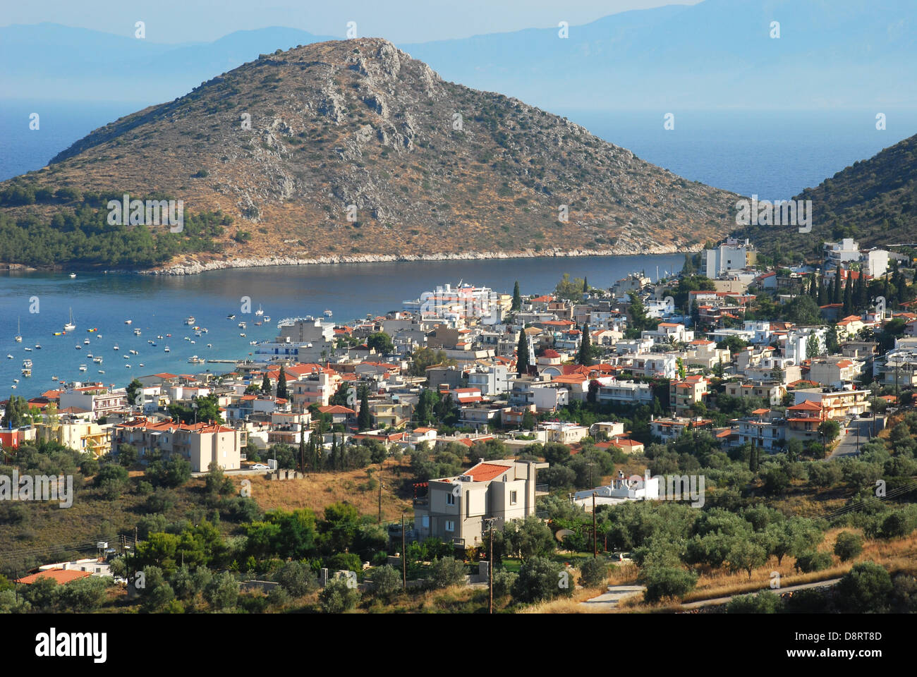 Aerial view of summer resort Tolo, Greece Stock Photo