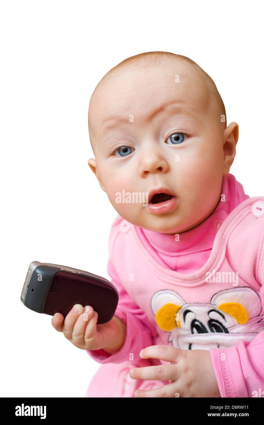 surprised baby with cell phone, isolated Stock Photo Alamy
