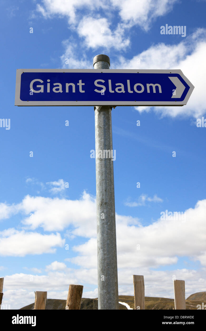 Giant Slalom sign showing the direction for the ski run on the ski slopes of Glenshee in Scotland Stock Photo