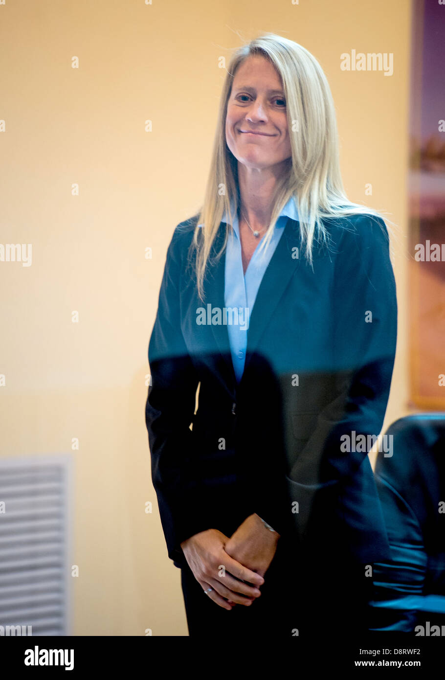 Expedition 36/37 Flight Engineer Karen Nyberg of NASA stands during the State Commission meeting at the Cosmonaut Hotel May 27, 2013 in Baikonur, Kazakhstan. Stock Photo