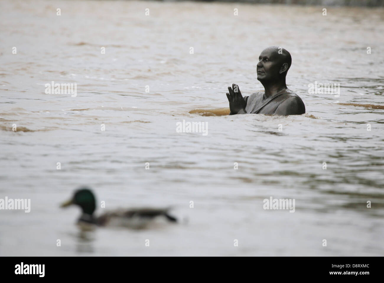Statue of Indian spiritual leader Sri Chinmoy, partially submerged by the rising water from the Vltava River, next to the Kampa Stock Photo