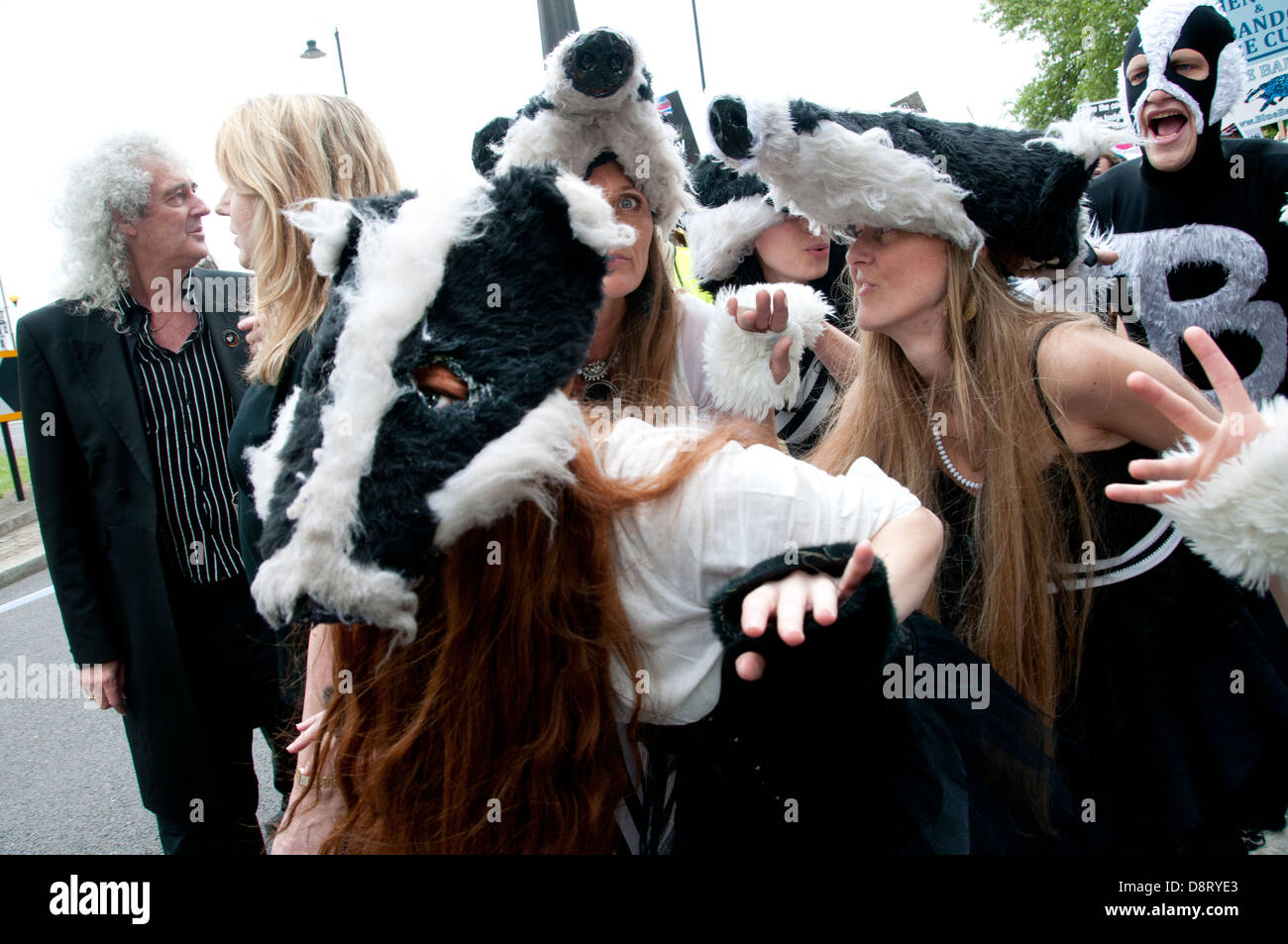 Protest against proposed cull of badgers led by a flashmob of dancers dressed with badger heads and  led by Brian May Stock Photo