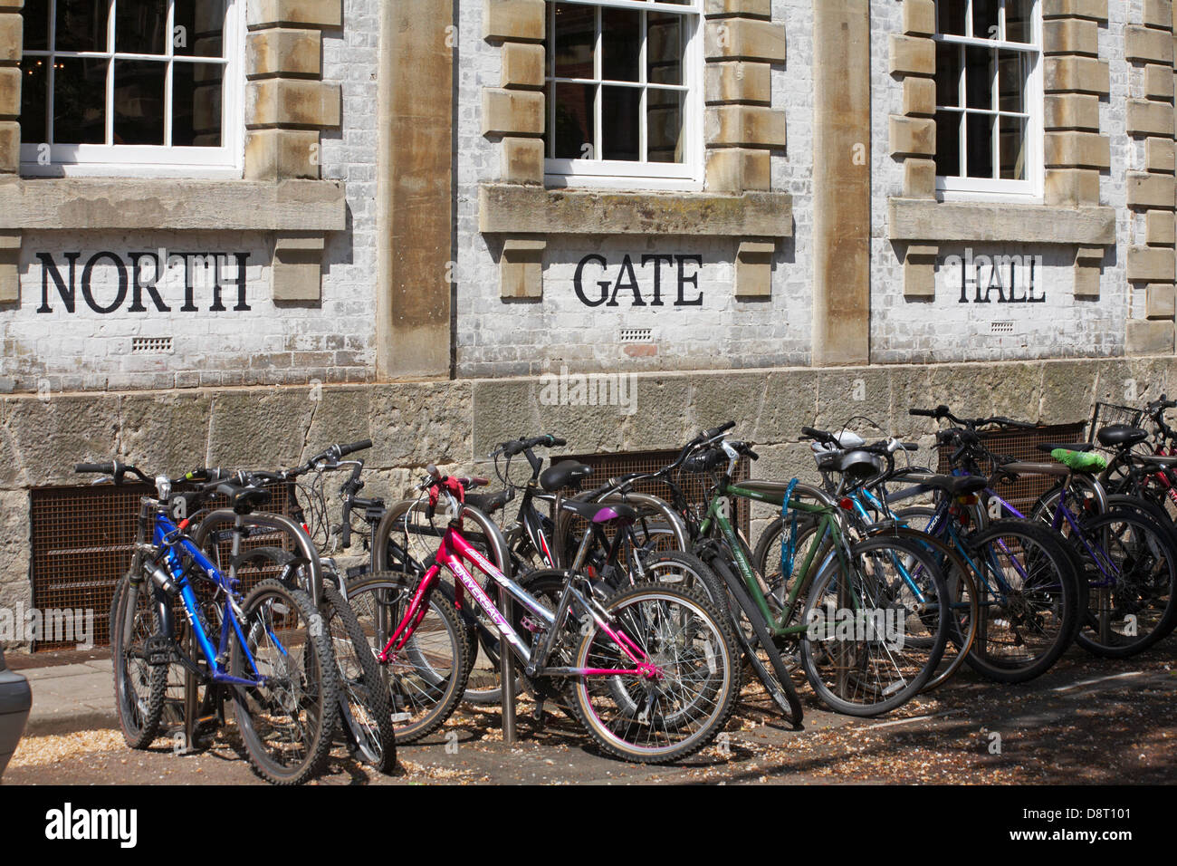 bikes parked outside North Gate Hall at Oxford, Oxfordshire UK in May