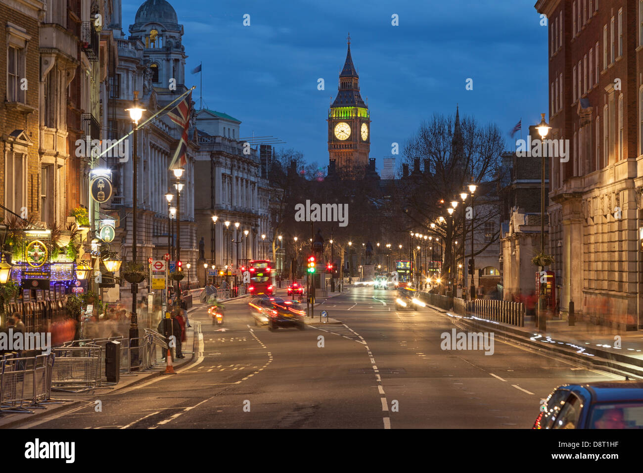 Traffic on Whitehall with Big Ben at night,London,England Stock Photo
