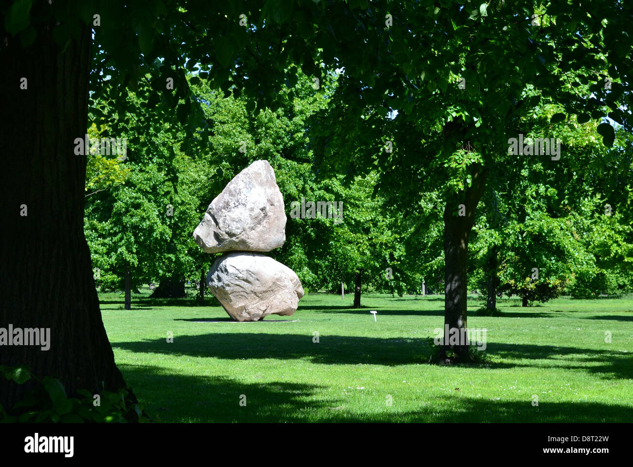 The sculpture 'Rock on Top of Another Rock' by Fischli/Weiss, at the Serpentine Gallery, Kensington Gardens, London. Stock Photo