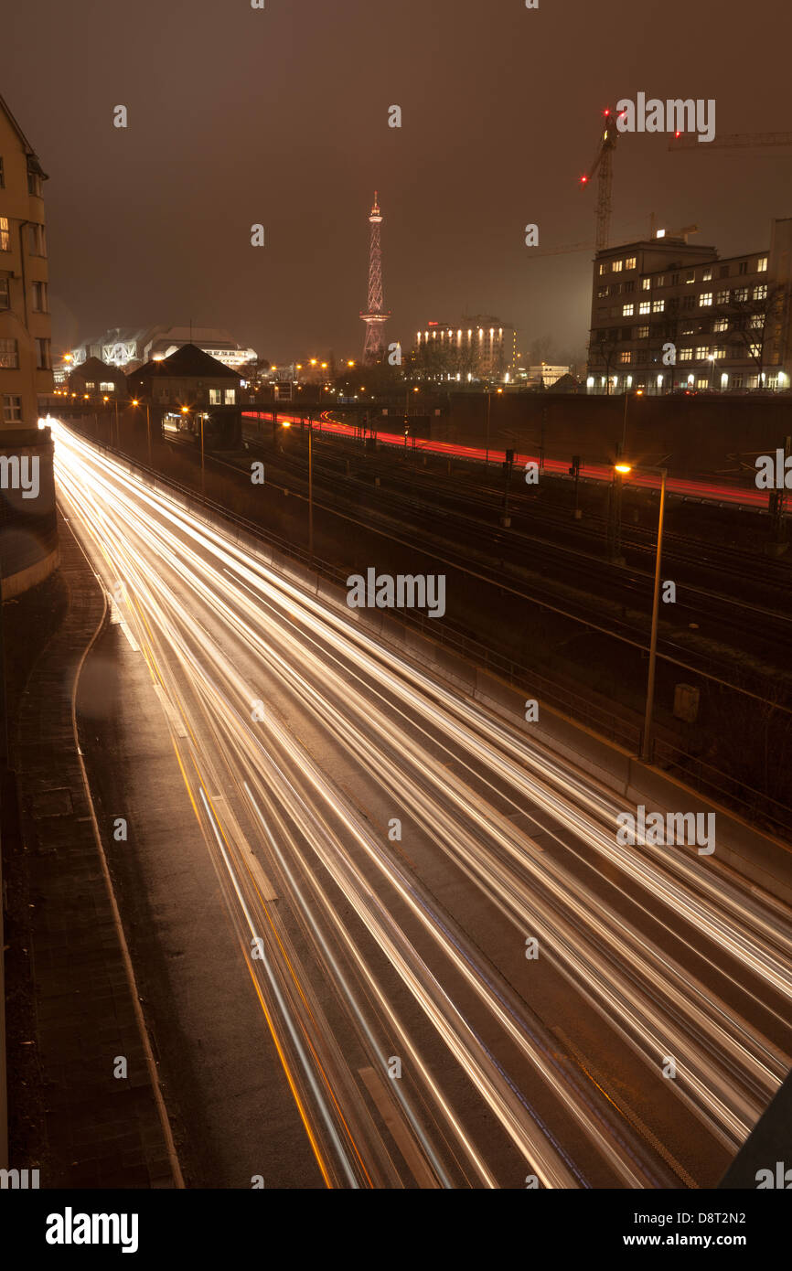 Standig highway at night ,with Radio Tower Berlin in the background,Berlin,Germany Stock Photo