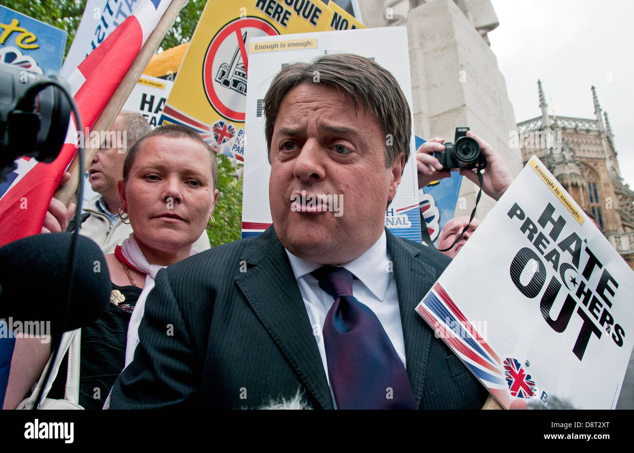 Nick Griffin leader  of far right islamophobic  BNP British National Party talks at rally following murder of soldier Drummer Le Stock Photo