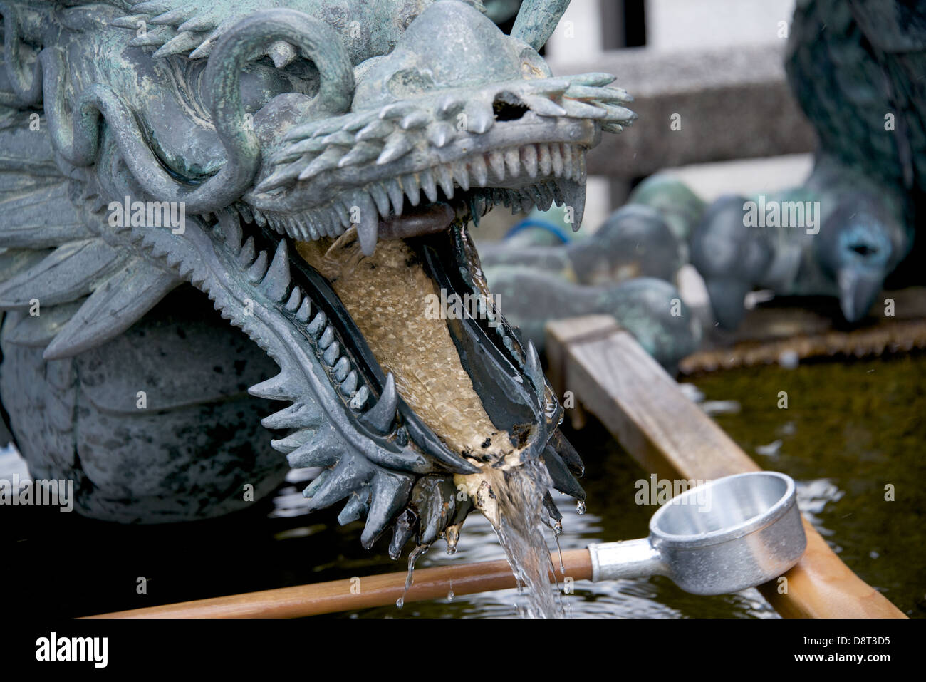 Japanese dragon and purification fountain in shrine, Japan Stock Photo