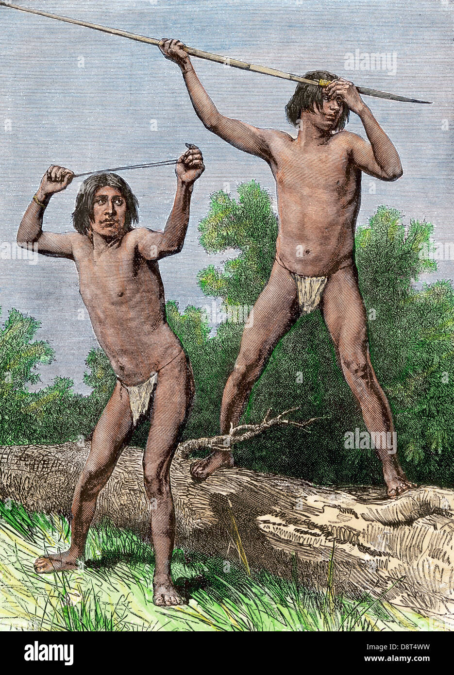 Native hunters of Tierra del Fuego with spear and sling. Hand-colored woodcut Stock Photo