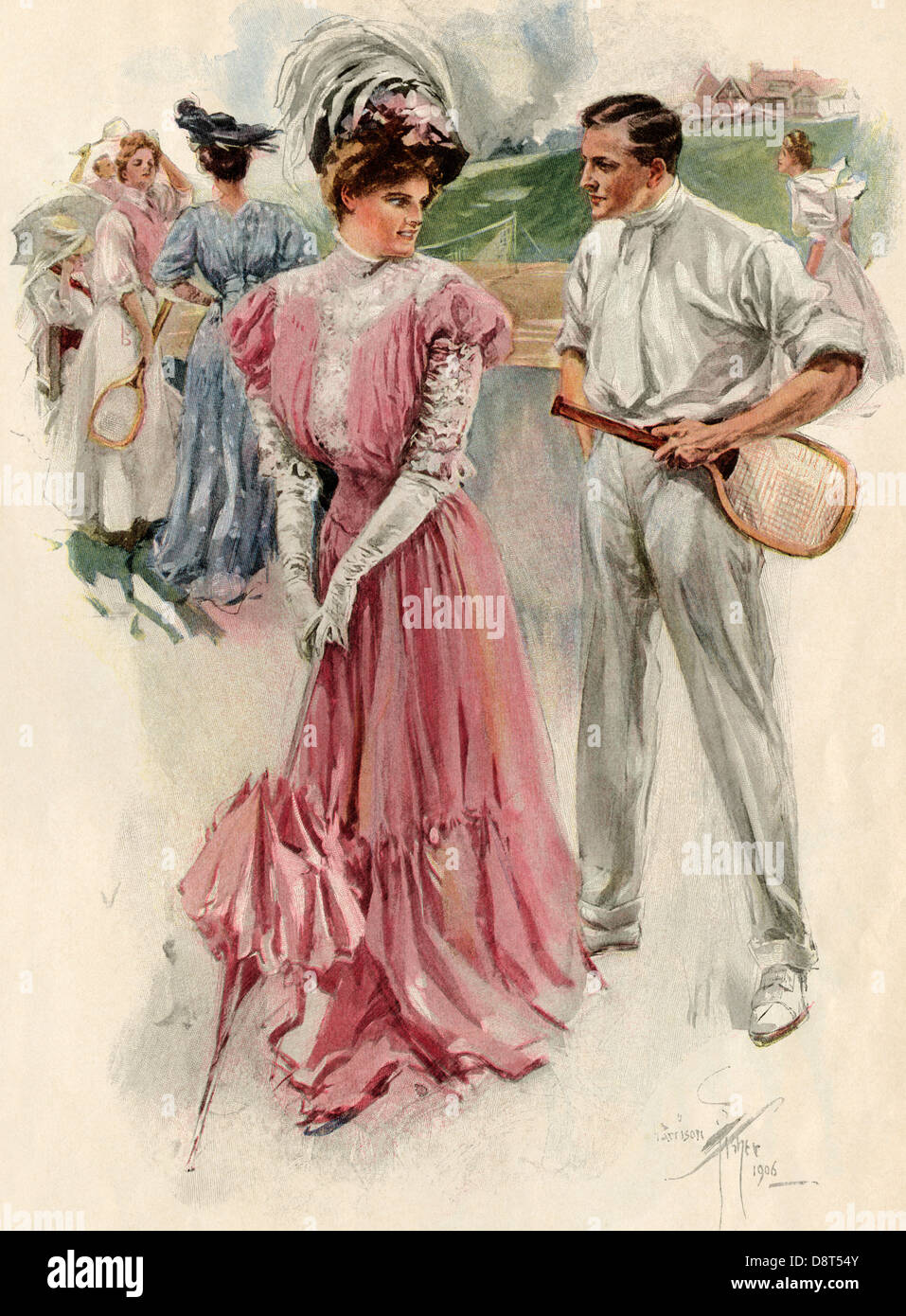 Tennis player distracted by a flirtatious, fashionable woman, circa 1900. Color halftone of an illustration Stock Photo