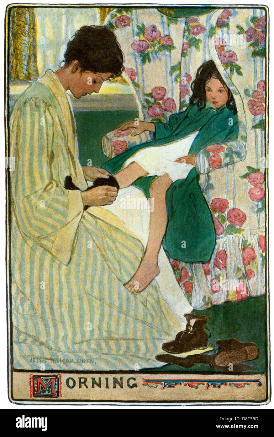 Mother putting on her daughter's socks and shoes, a morning ritual, early 1900s. Color halftone of a Jessie Willcox Smith Illustration Stock Photo