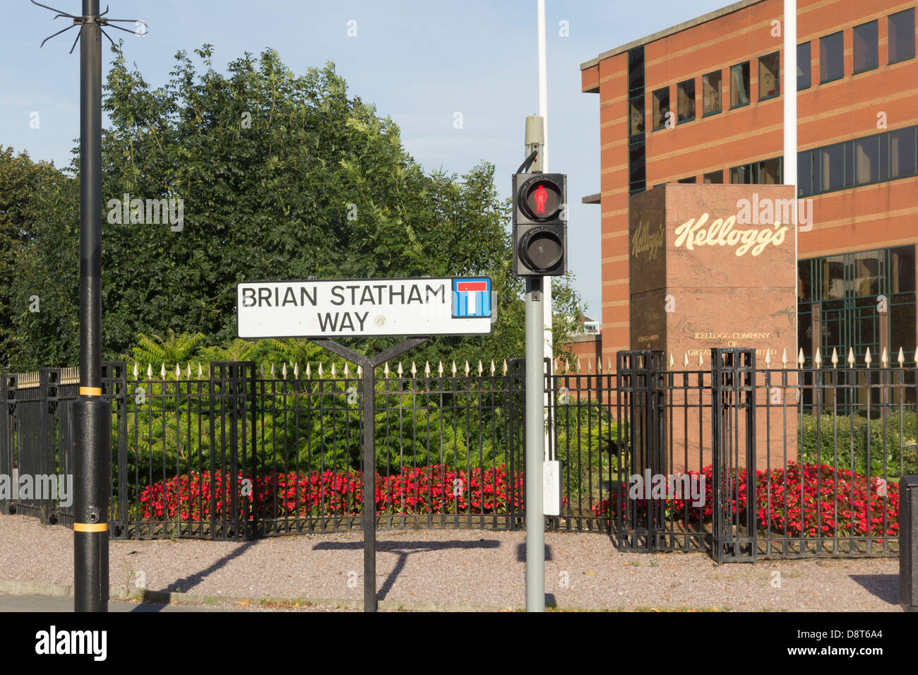 Street sign for Brian Statham Way near the Lancashire cricket ground, Old Trafford, and the Kelloggs factory. Stock Photo