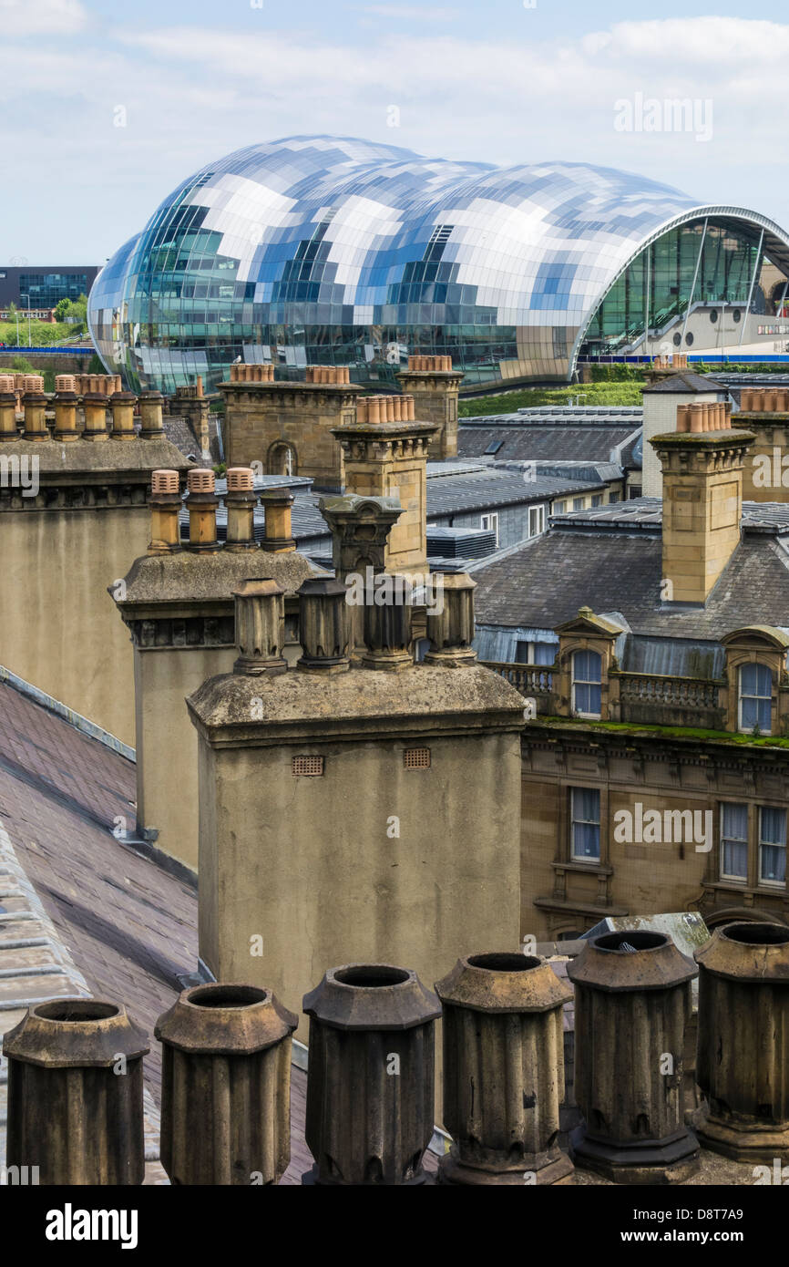 View over chimneys from The Tyne Bridge to The Gateshead Sage. Newcastle upon Tyne, England, UK Stock Photo