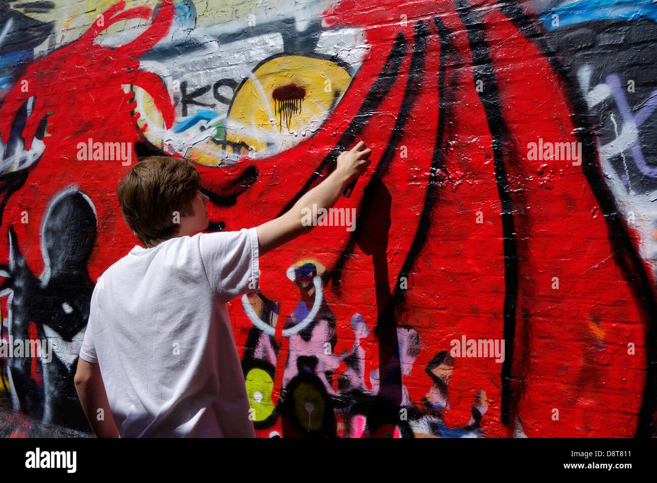 Youngster with spray can in alley spraying colourful graffiti on wall ...