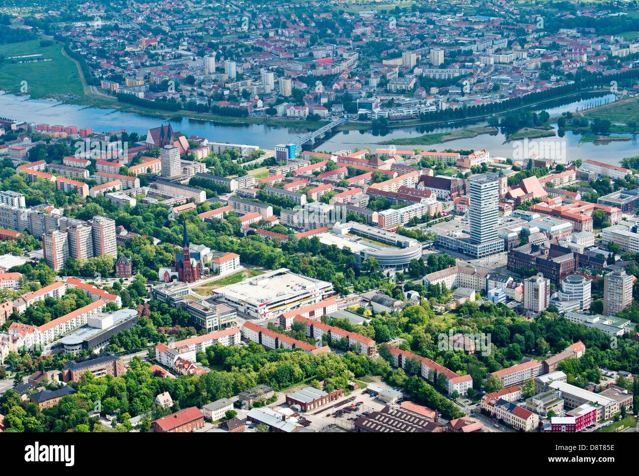 View of the border city Frankfurt (Oder) (below) with the border river ...
