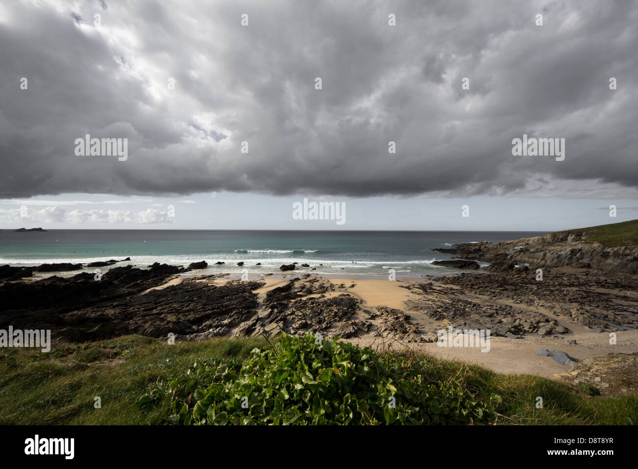FISTRAL BEACH, NEWQUAY, CORNWALL, UK. Fistral beach on a cloudy day with a dramatic sky. Stock Photo