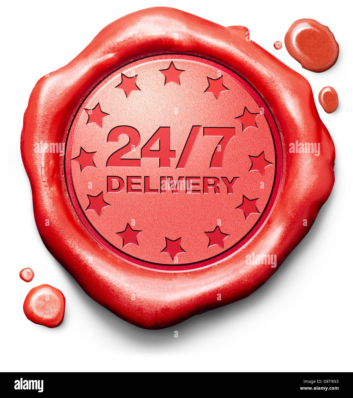 package delivery from online internet web shop shipping order from webshop shopping red label icon or stamp 24/7 Stock Photo