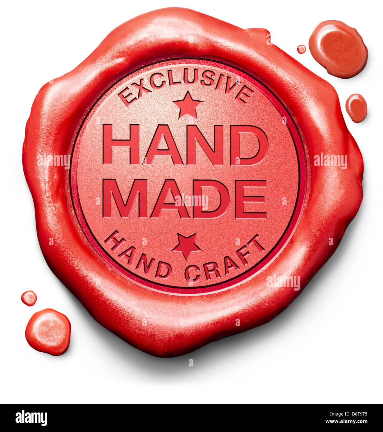 hand made exclusive handmade hand craft custom crafted authentic one of a kind art work red stamp label or icon Stock Photo