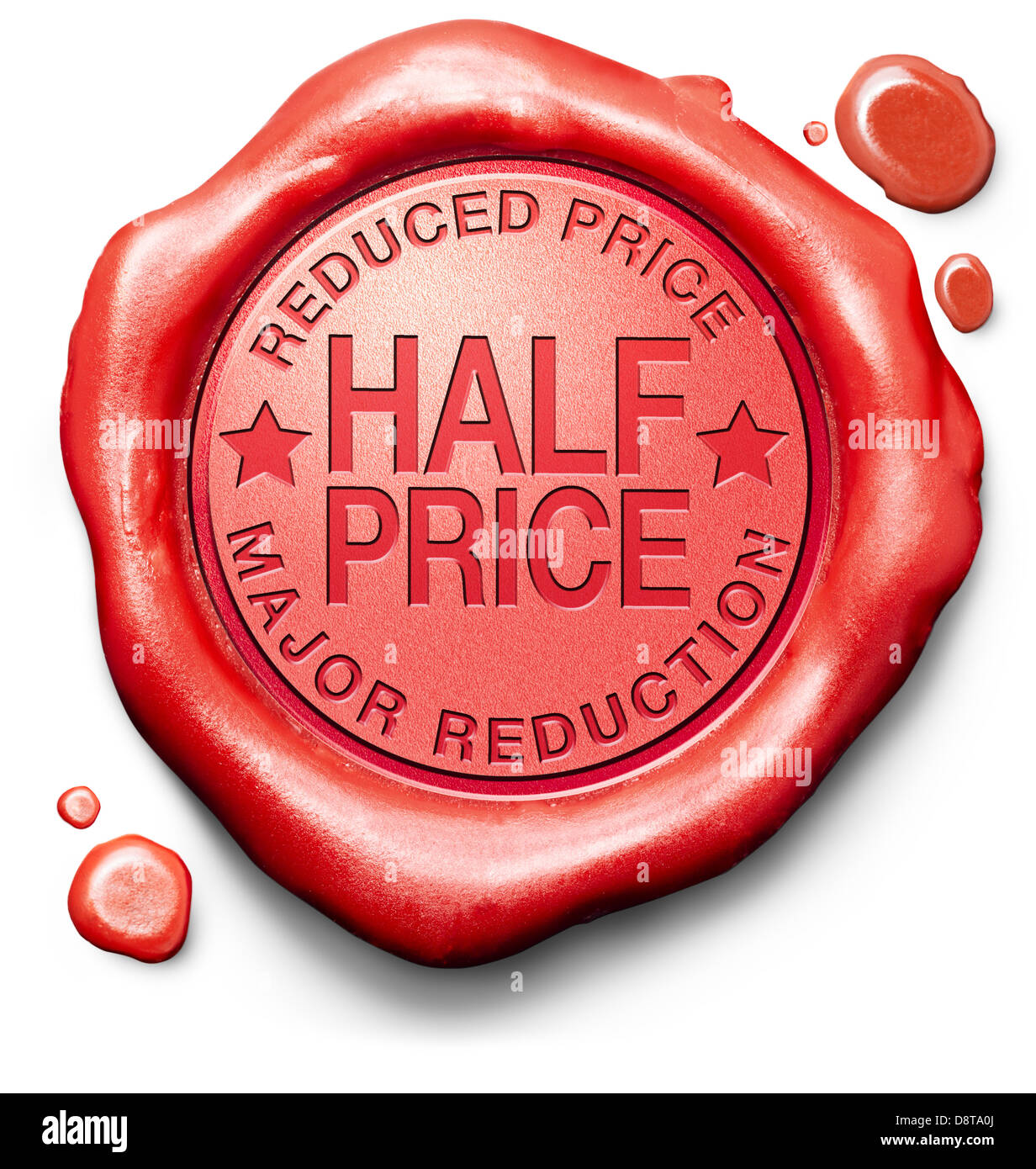 half price major reduction highly reduced prices bargain sale online web shop or internet webshop red icon stamp button or label Stock Photo