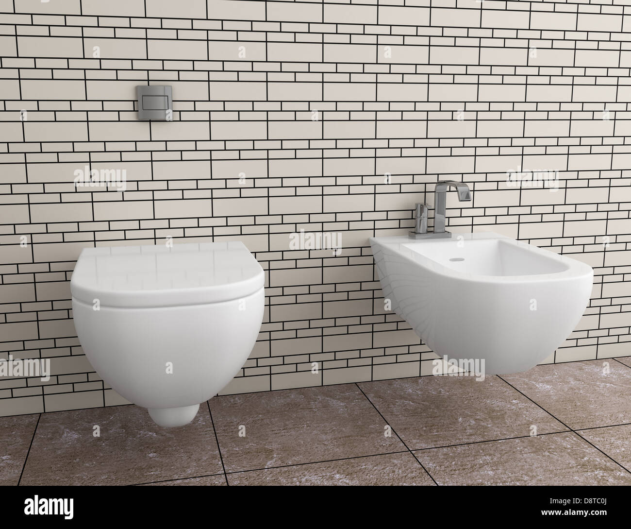 modern toilet with beige tile on wall Stock Photo