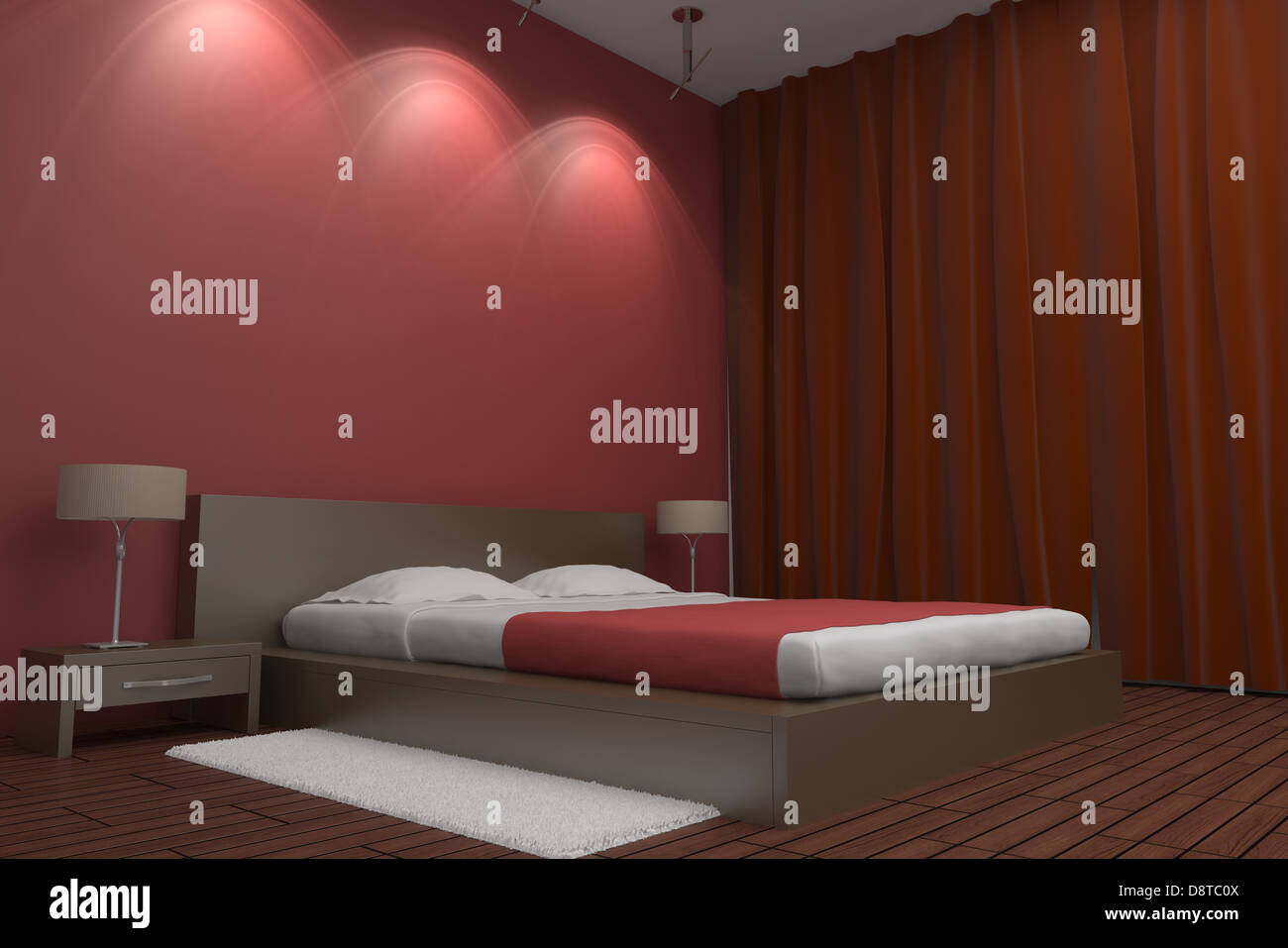 modern bedroom with red wall Stock Photo