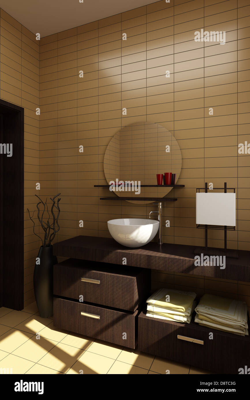 japanese style bathroom with brown tiles Stock Photo