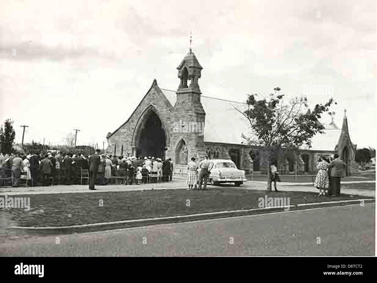 A black-and-white photograph of the No.1 Mortuary Station, later reconstructed as All Saints Church of England in Canberra, documenting this historic site and its community activities. Stock Photo