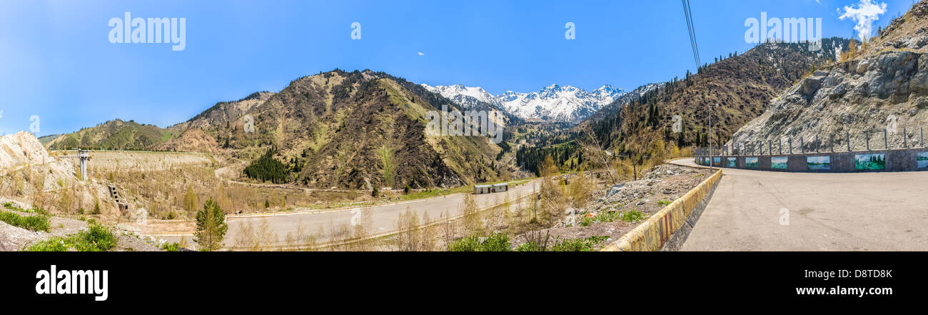 panorama of dams,mountains in gorge in Almaty, Kazakhstan, Medeo Stock Photo