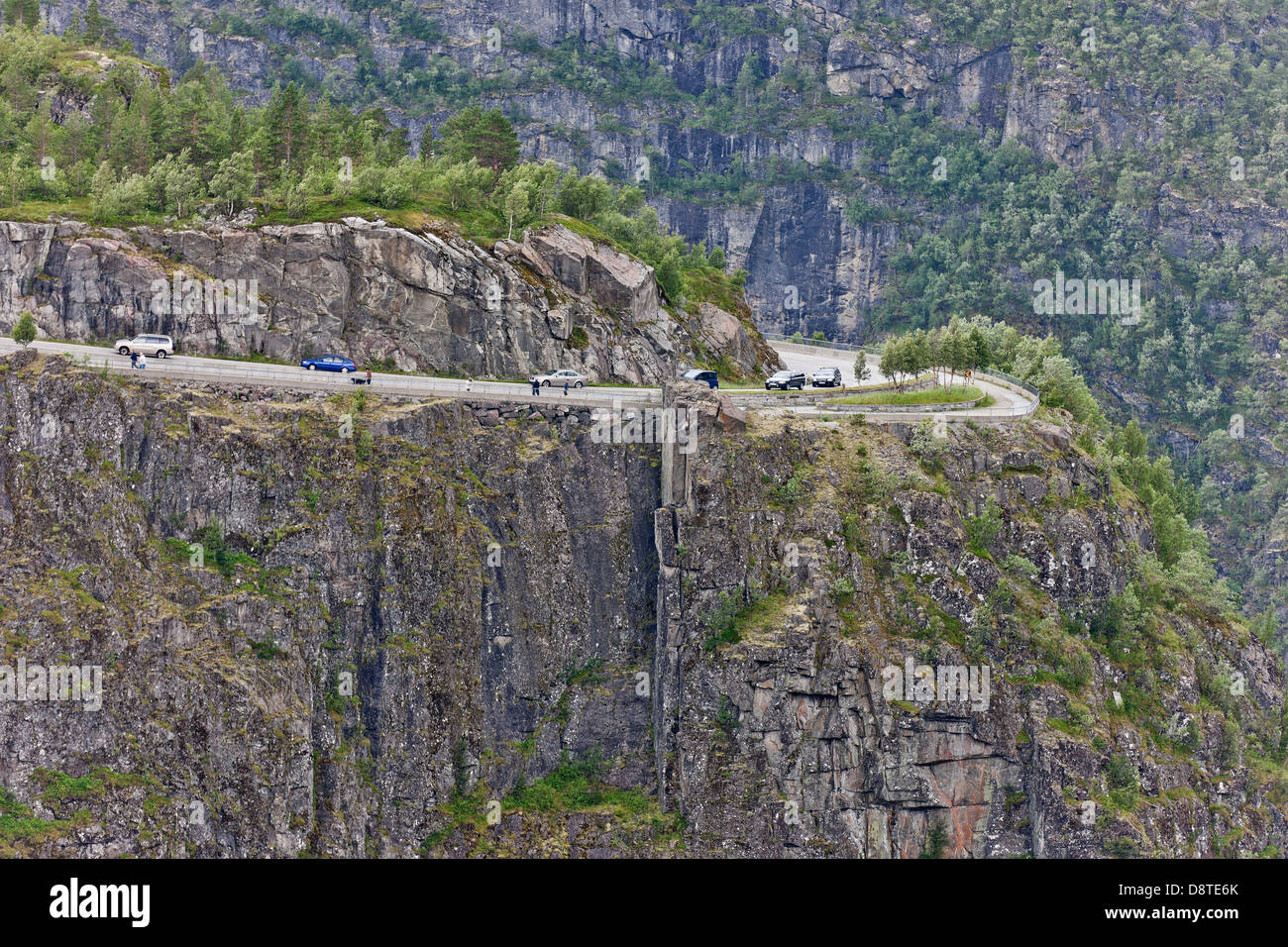 Mountain road by Vorningfossen waterfall, Norway Stock Photo