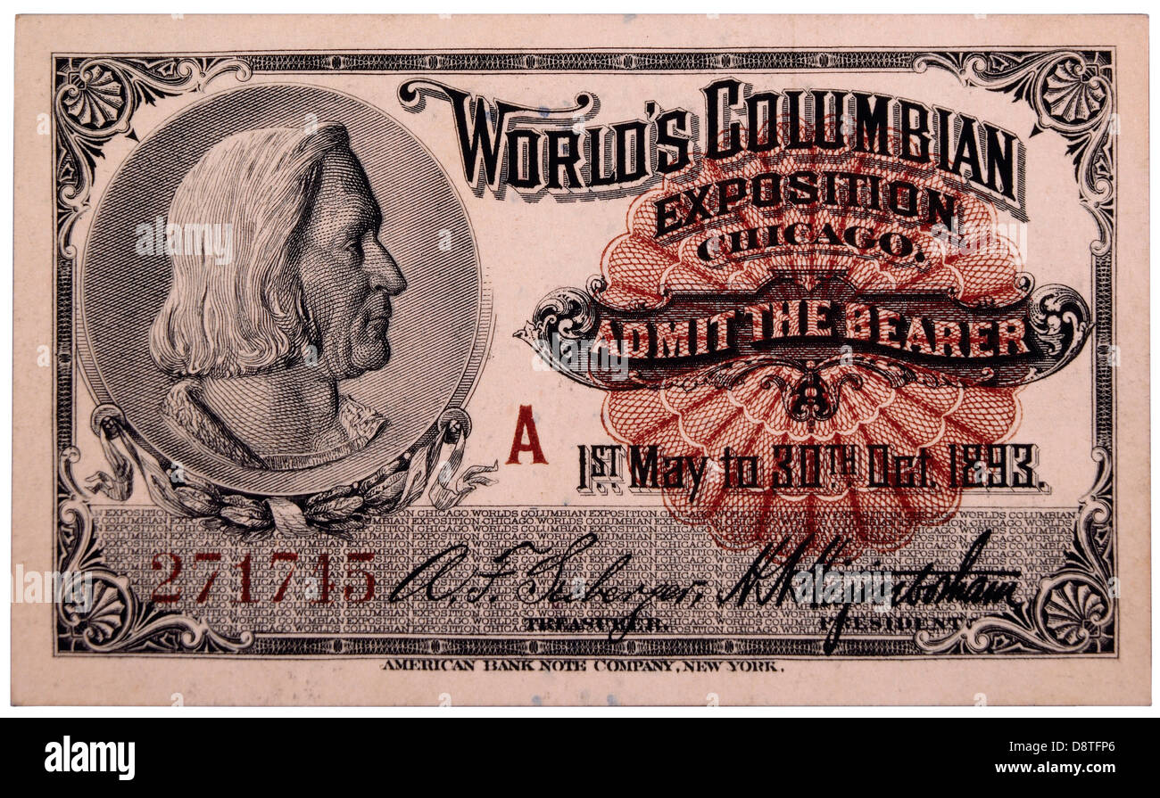 Christopher Columbus Engraving, Ticket to World's Columbian Exposition, Chicago, Illinois, 1893 Stock Photo