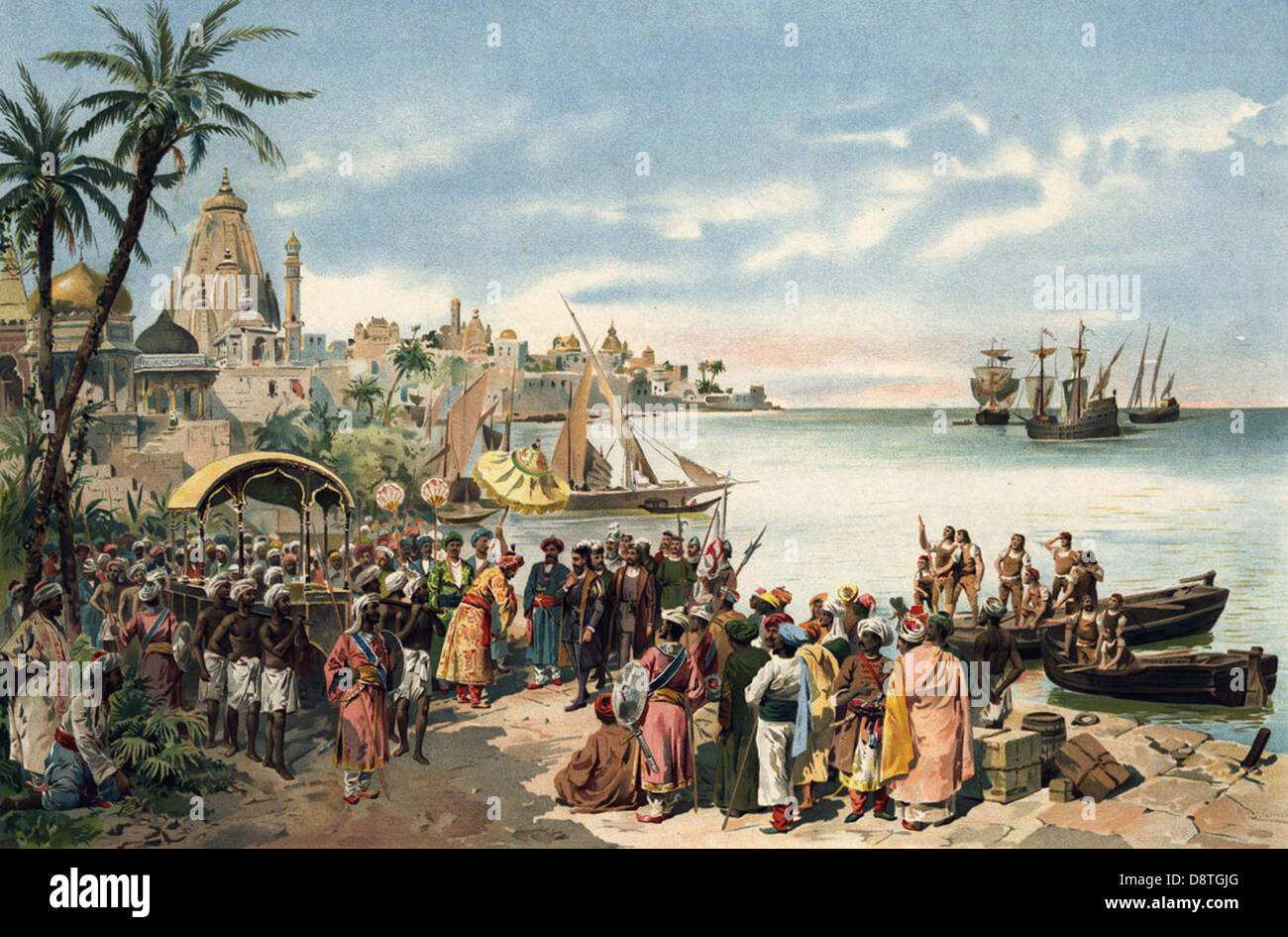 VASCO da GAMA (c 1460-1524) Portugese explorer  arriving in Calcutta in 1498 painted about 1900 by Alfredo Gameiro Stock Photo