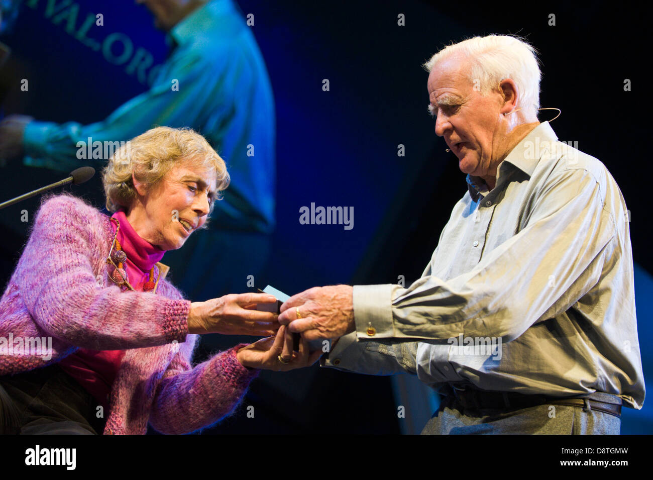 John le Carre author of spy novels talking about his work at Hay Festival 2013 Hay on Wye Powys Wales UK Stock Photo