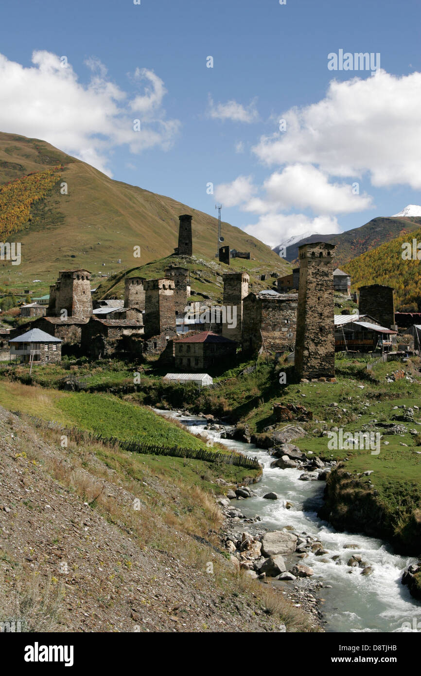 Defensive stone towers and  traditional houses in Ushguli village near Mestia, Svaneti region, Georgia, Caucasus mountain Stock Photo