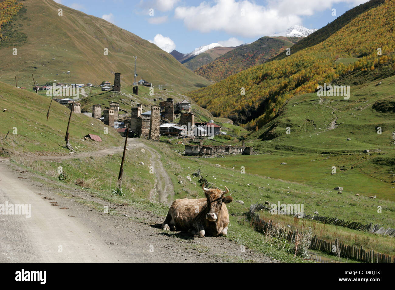 Defensive stone towers and  traditional houses in Ushguli village near Mestia, Svaneti region, Georgia, Caucasus mountain Stock Photo