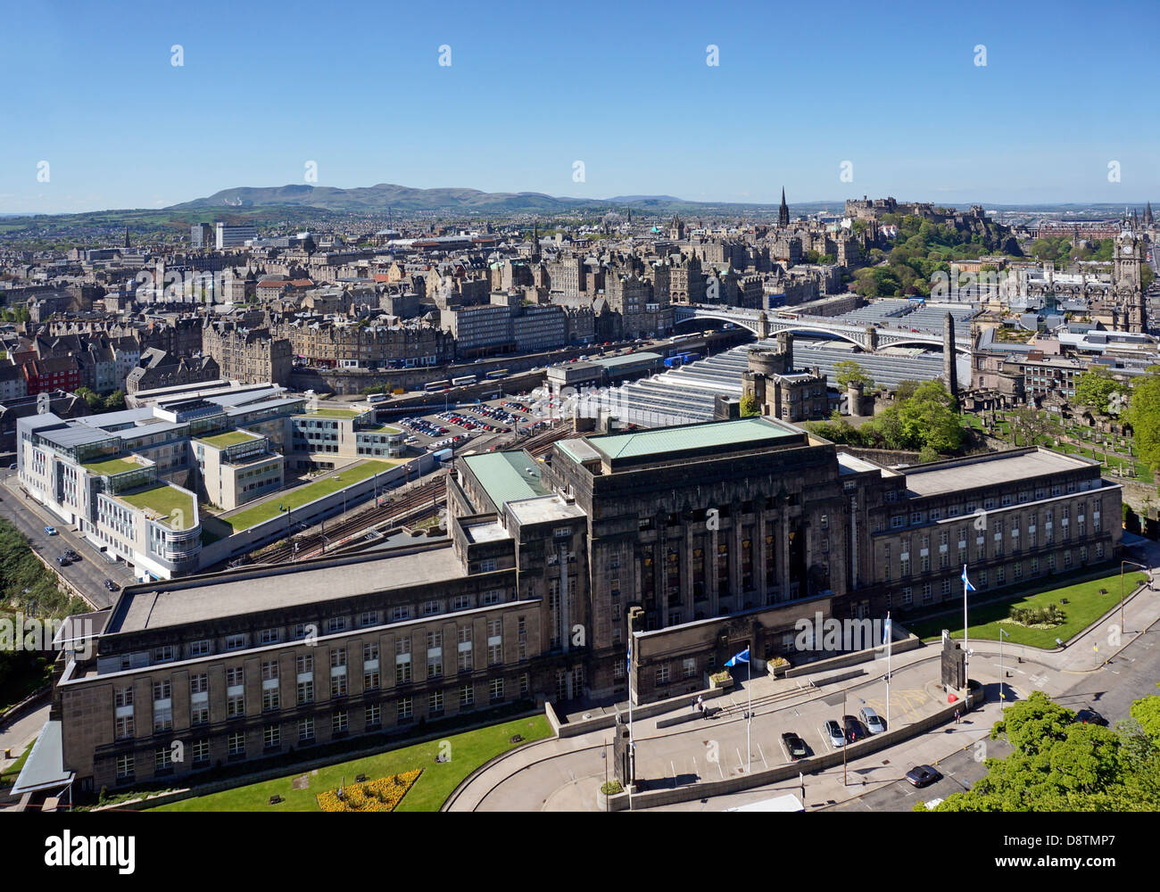 View of centre of Edinburgh from Nelson Monument on Calton Hill with St. Andrew's House front & Edinburgh City council left. Stock Photo