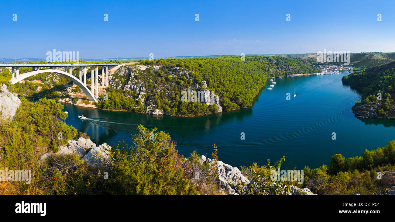 River Krka, bridge and town in Croatia Stock Photo
