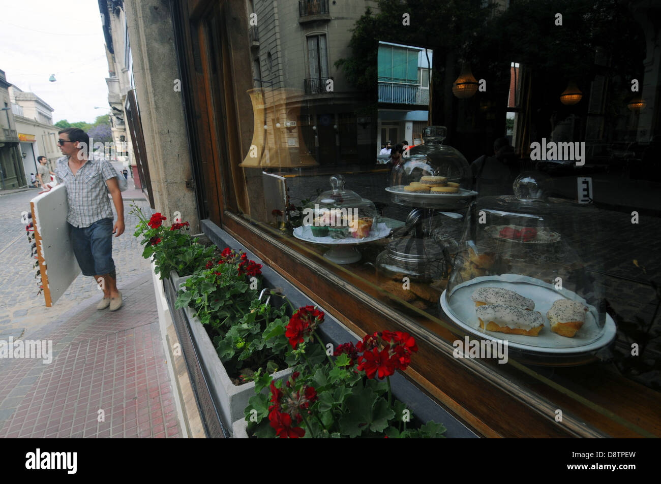Cakes in cafe window, San Telmo, Buenos Aires, Argentina. No MR or PR Stock Photo
