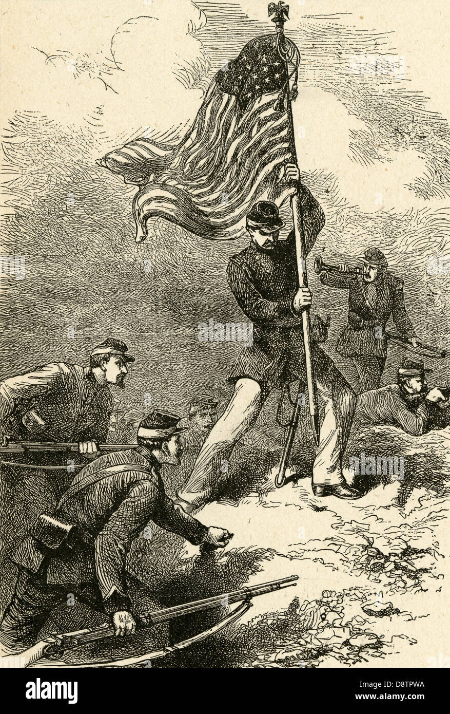 Antique circa 1880s engraving, Incident of the Siege at Vicksburg, Raising the Union flag. Stock Photo