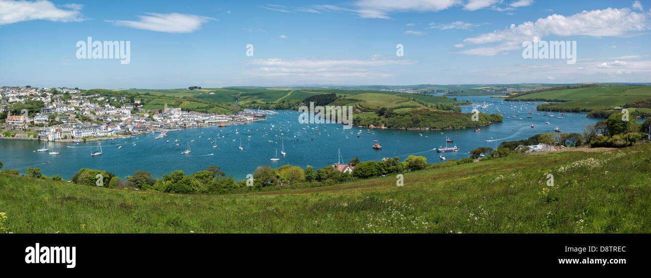 Panoramic view of Salcombe and the Kingsbridge Estuary in the South Hams AONB in Devon Stock Photo