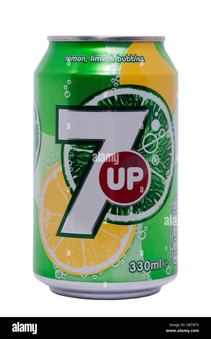 A can of 7 up lemon and lime fizzy drink on a white background Stock Photo