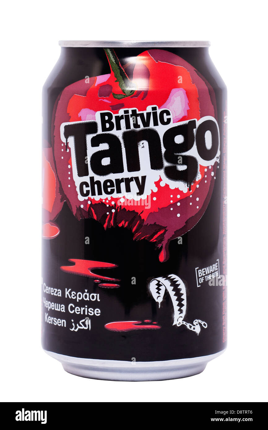 A can of Britvic Tango cherry fizzy drink on a white background Stock Photo