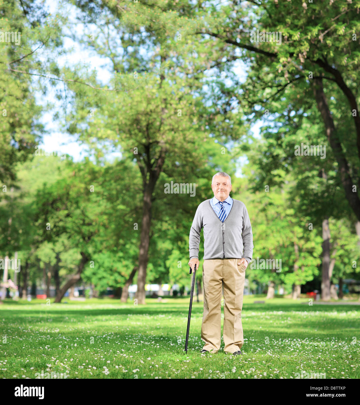 Full length portrait of a senior man walking with a cane in a park ...