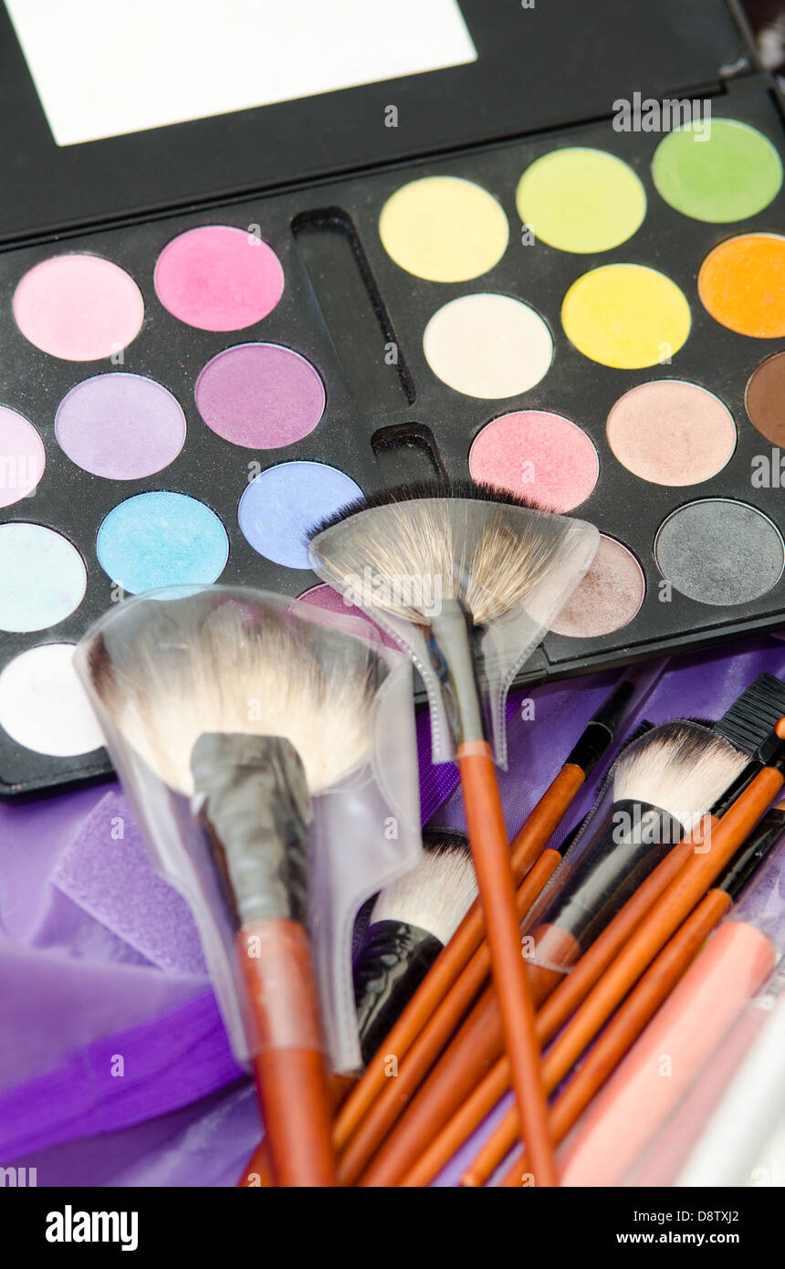 makeup eye shadows and brushes Stock Photo