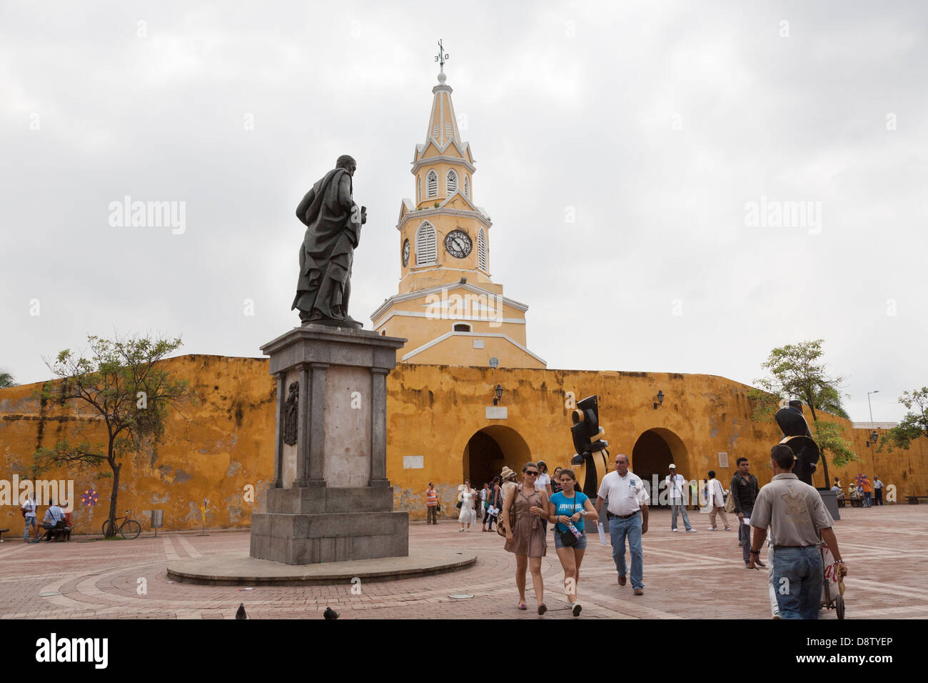 Pedro de Heredia Statue, Plaza de los Coches, Torre del Reloj, Clock Tower, Cartagena, Colombia Stock Photo