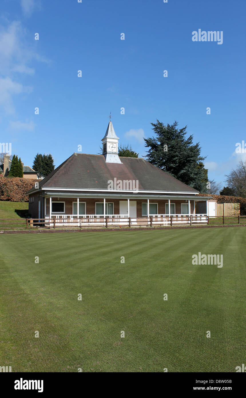 English bowling green with clock tower on pavilion, Scarborough, England. Stock Photo