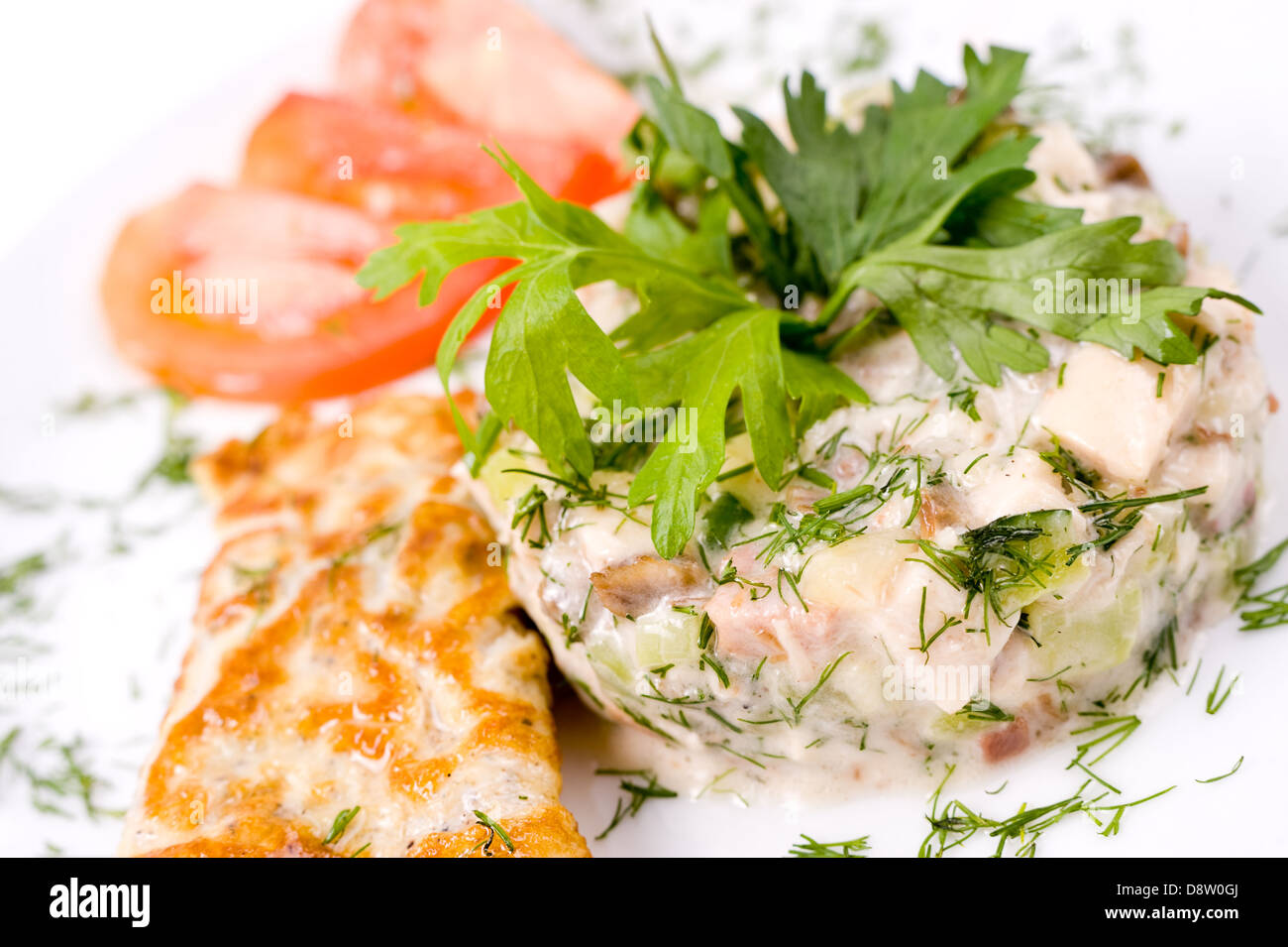meat salad with pancake, macro Stock Photo