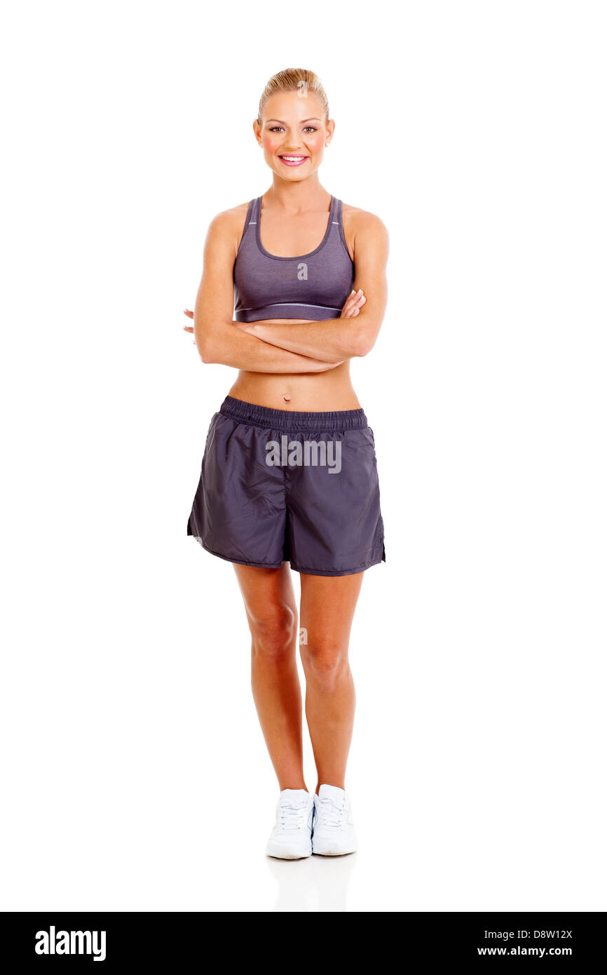 portrait of sporty woman with arms crossed isolated on white Stock ...