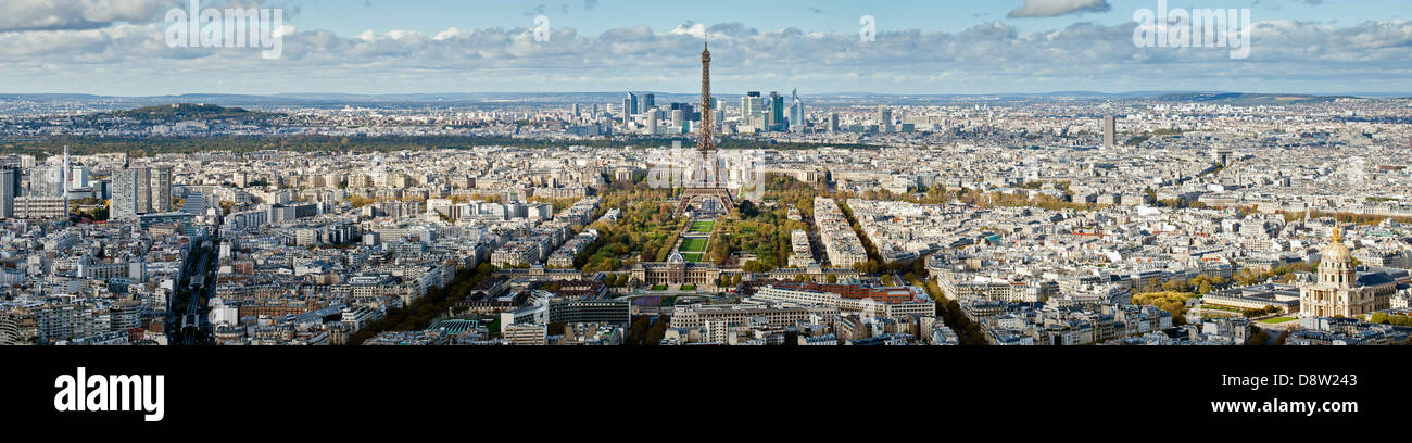 Panoramic view of Paris including la Tour Eiffel (Eiffel tower) taken from Tour Maine-Montparnasse (Montparnasse Tower). Stock Photo