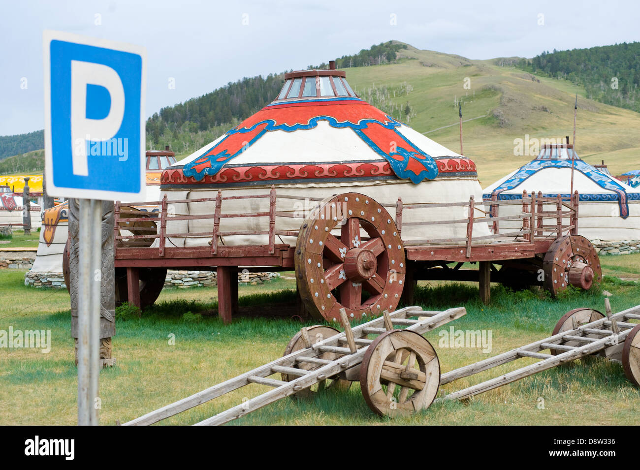 Mongolian jurts at parking place Stock Photo