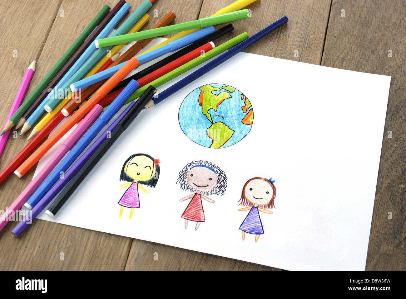 Children of different nationalities and Earth Stock Photo